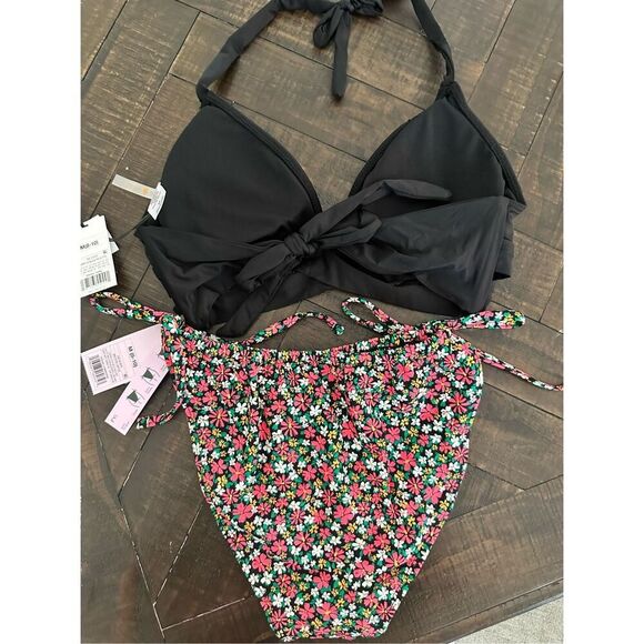 Target Brands Bikini Size Medium Black Halter Triangle Top Floral Tie Side Botto - Picture 3 of 4